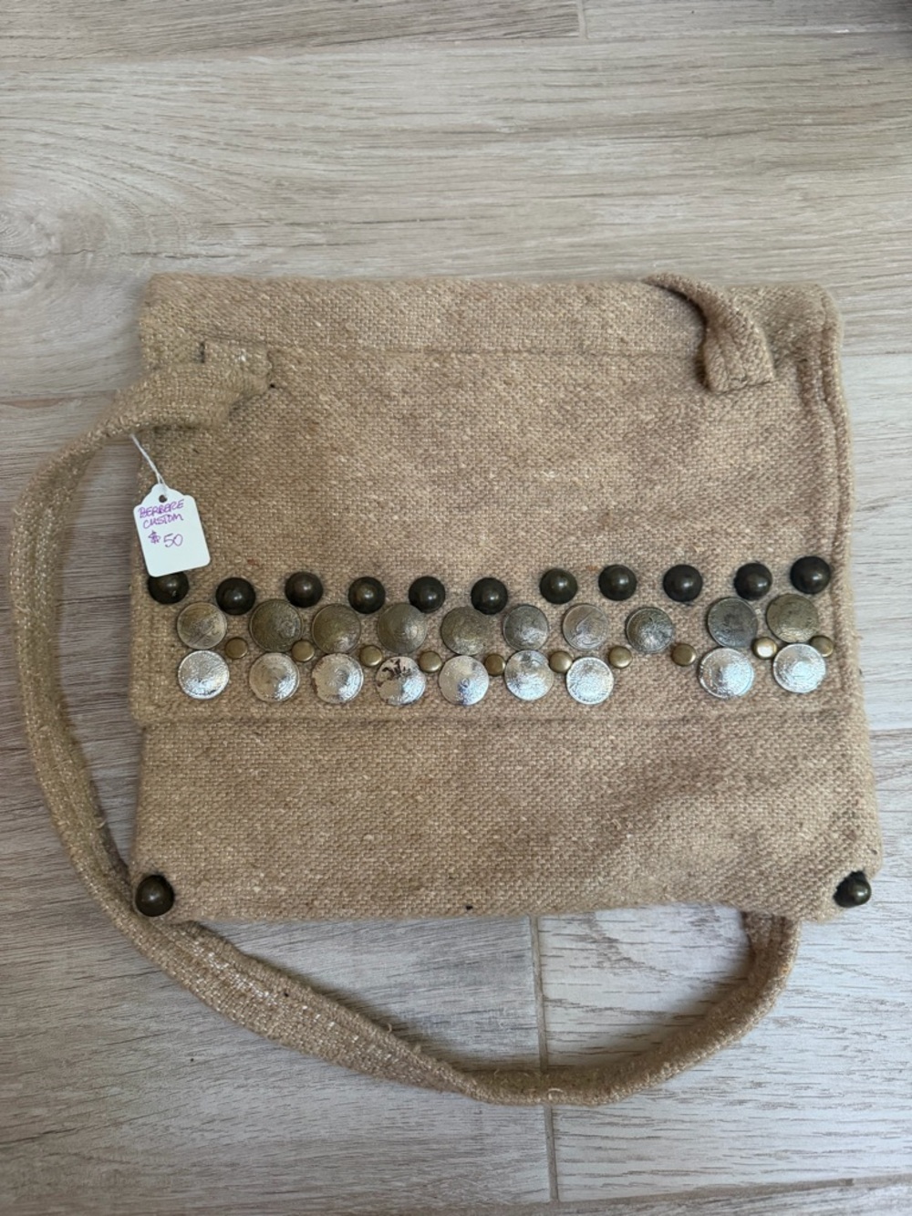 Beige Woven Crossbody Bag with Decorative Studs